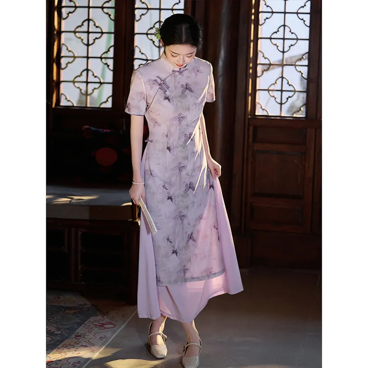 紫色奥黛旗袍新中式2025新款夏季改良年轻款女日常可穿印花连衣裙