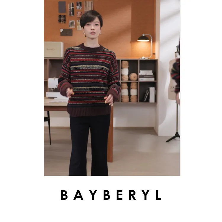 CC09-BAYBERYL老贝丹锦*圆领牦牛金丝条纹复古秋针织衫ZZS5C1702-