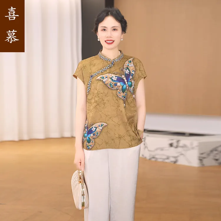 中年妈妈夏季新中式上衣服2025新款洋气质中老年女装国风小衫套装