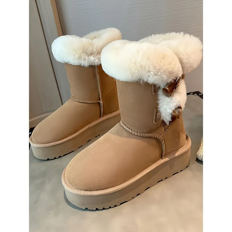 【CK官方正品】桑坡一二粒牛角扣雪地靴女厚底低筒羊皮毛一体低帮高