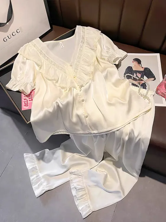 新款睡衣女夏季甜美公主风短袖长裤2025款冰丝薄款法式女士家居服