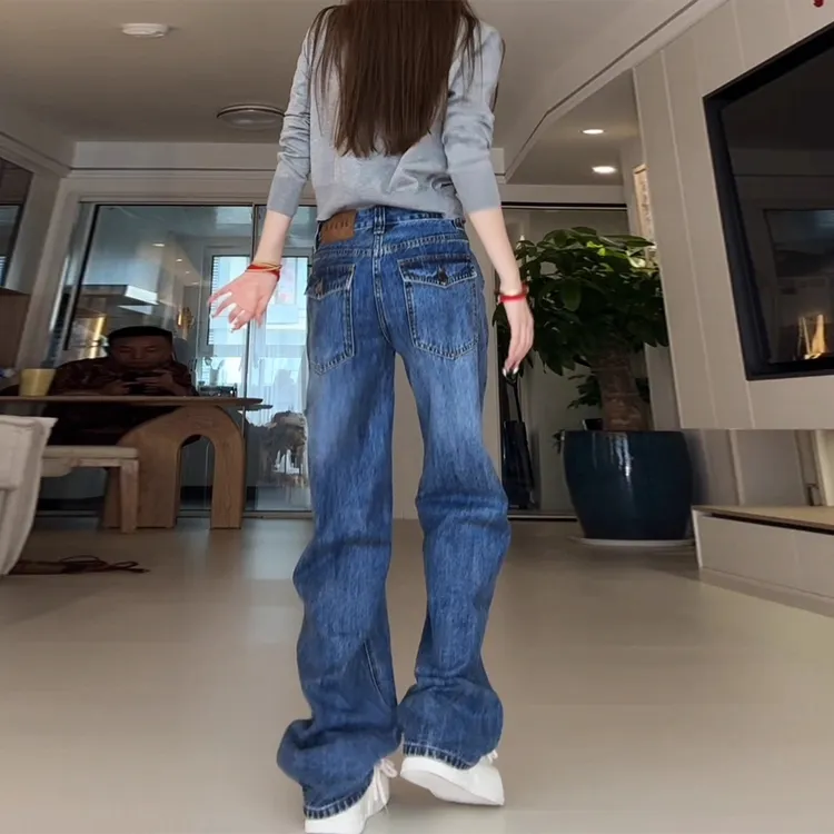 蓝色高级感后口袋阔腿牛仔裤女2025年秋季新款复古窄版直筒拖地裤