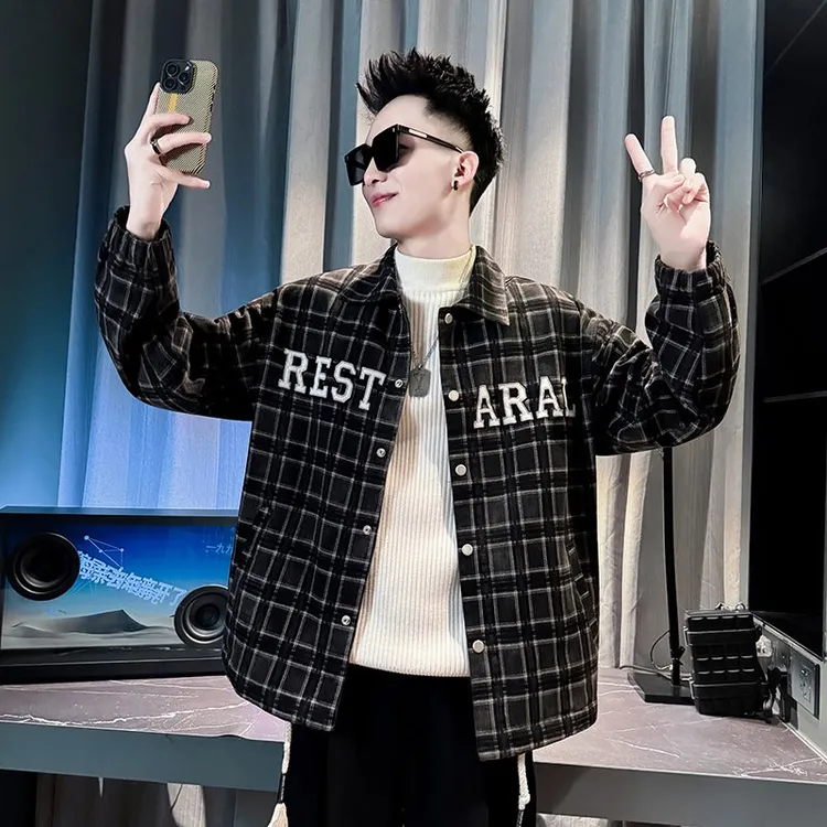 衬衫式牛仔服外套男士潮牌翻领字母上衣青年秋冬新款宽松休闲夹克