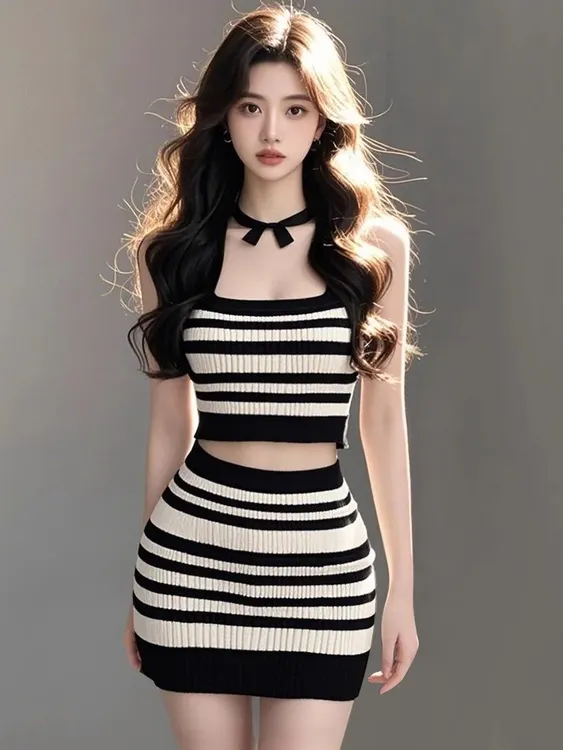 【KEKE】 2025新款辣妹风紧身性感条纹上衣高腰半身裙女两件套装潮