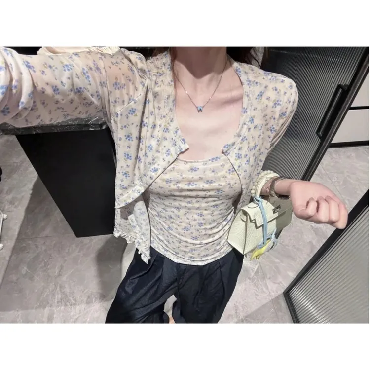 【必入小兰花两件套】夏季新款通勤修身开衫吊带背心两件套#C916