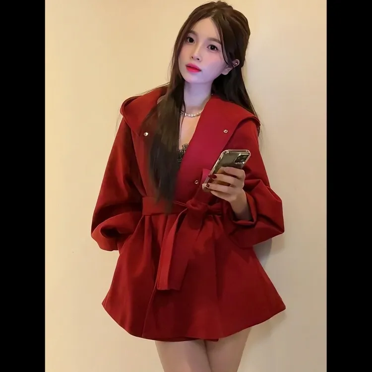 冬季新款毛呢外套女时尚显瘦百搭灯笼袖外套女小个子呢子大衣爆款