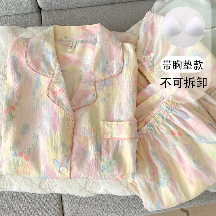 【胸垫版】渲染高级款2025夏季短袖睡衣女宽松粉色蝴蝶家居服三件套