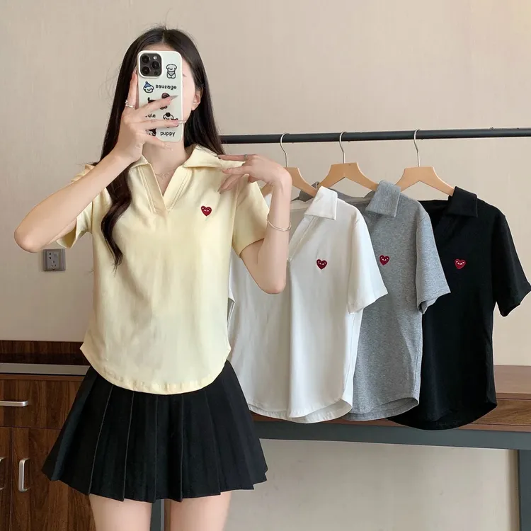 2025春夏大码女装新款爱心刺绣美式正肩短袖t恤3159