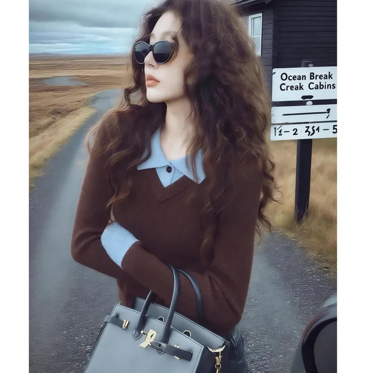 美拉德假两件撞色修身长袖针织polo衫女秋冬复古打底上衣女春外穿