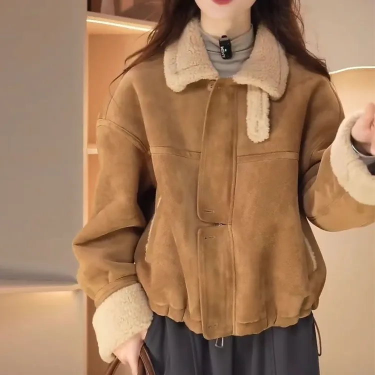 加绒加厚羊羔毛外套女短款2025秋冬新款休闲百搭皮毛一体夹克上衣
