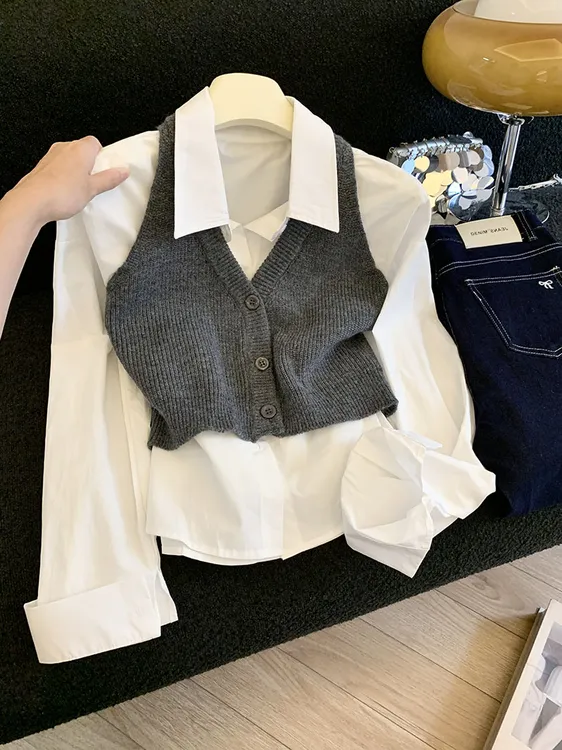 新款韩版减龄翻领长袖衬衫女士秋季外搭短款针织马甲背心两件套潮
