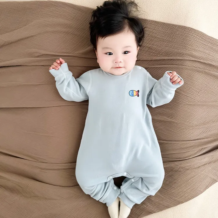 桑蚕丝婴儿连体衣加厚保暖肩扣宝宝秋冬款哈衣儿童长袖睡衣a类