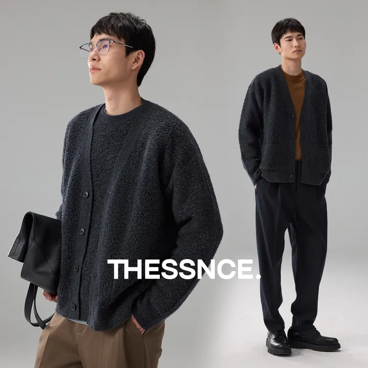 限量精工集圈工艺治愈系全羊毛颗粒绒宽松男士冬季落肩针织开衫