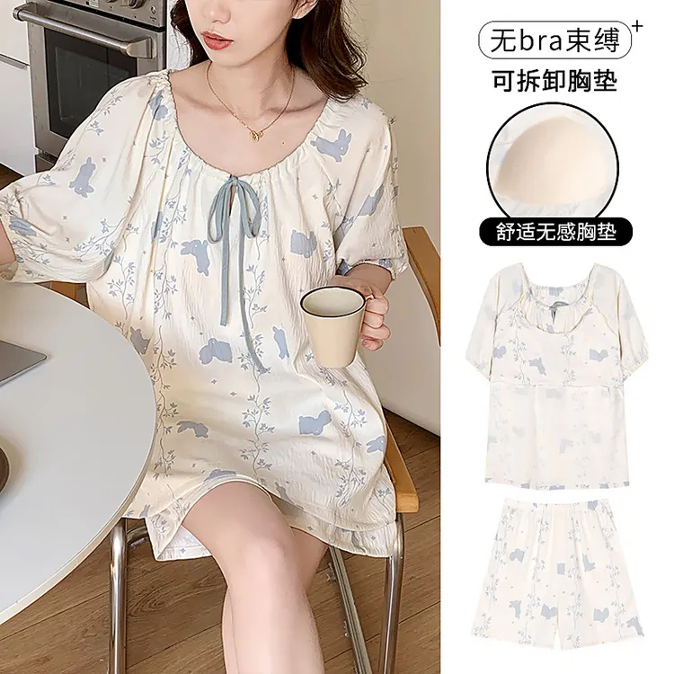 带胸垫睡衣女夏季短袖短裤甜美可爱圆领套头云朵棉薄款家居服套装