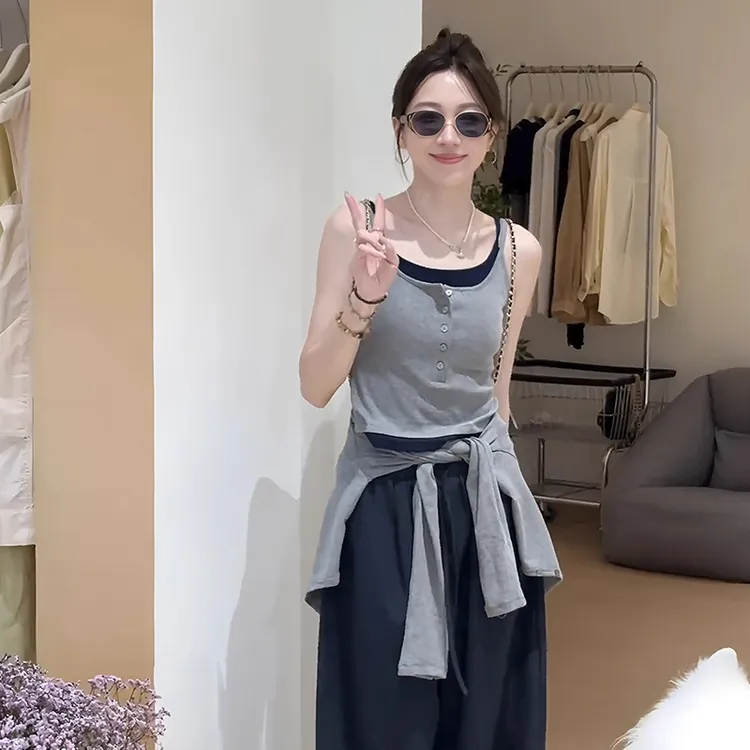 韩系撞色拼接背心外搭长袖开衫两件套女2025早秋新款减龄洋气上衣
