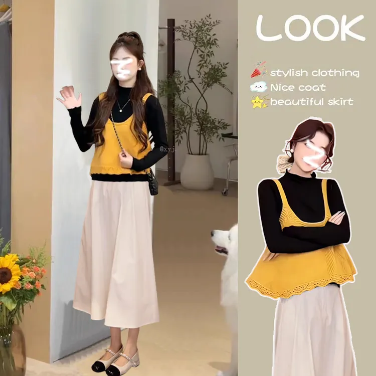 【现货】2025秋季穿搭套装女慵懒风针织吊带打底衫高腰半身裙三件套