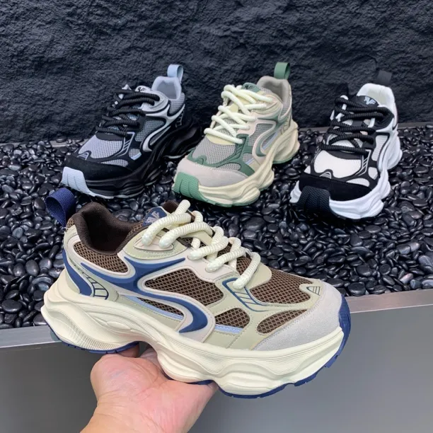 2025新款厚底增高流行老爹鞋皮拼网面舒适透气时尚休闲鞋网红潮鞋