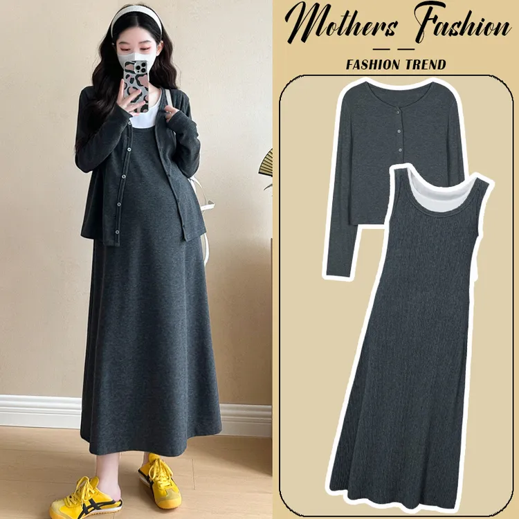 孕妇连衣裙套装春秋2026新款慵懒风潮妈灰色开衫拼接背心裙两件套商品图