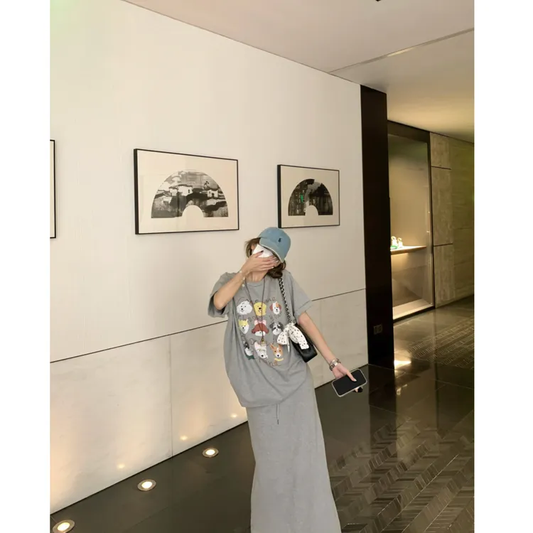 慵懒休闲套装T恤上衣半身裙两件套L 8923#