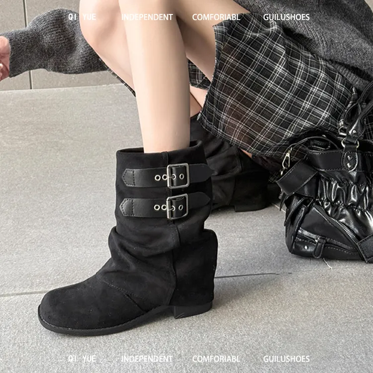 牛皮版！复古皮带扣圆头裤管靴女粗跟骑士靴短筒显瘦马丁靴堆堆靴