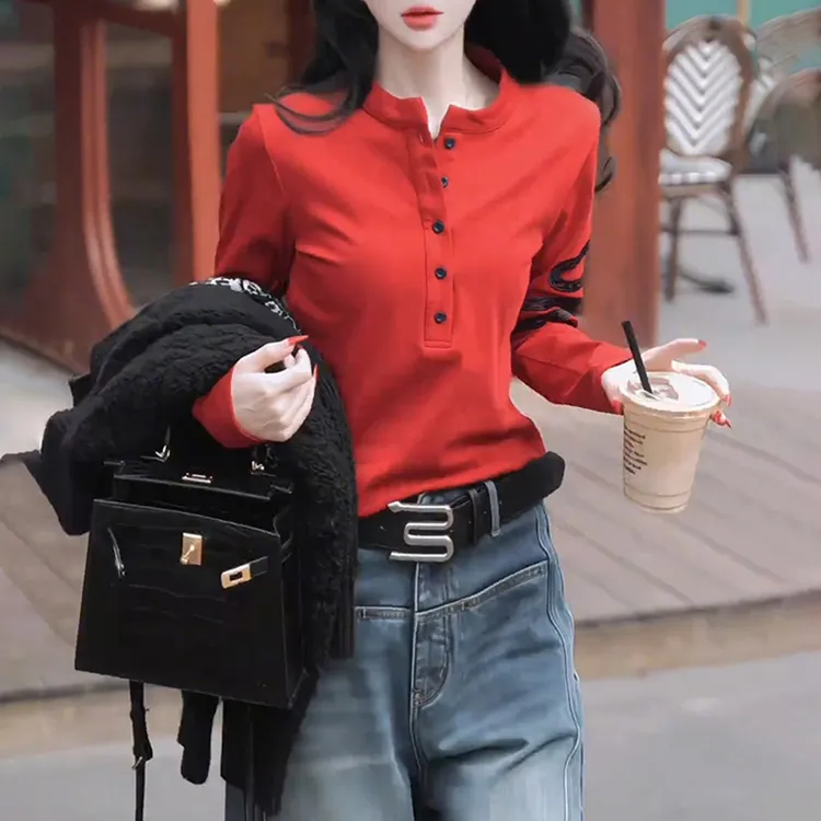 韩系独特绝美红色长袖t恤女秋季新款设计感独特卫衣修身显瘦上衣