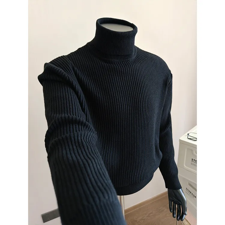 纯黑色弹力高领毛衣男款秋季老钱风复古条纹肌理感套头打底针织衫
