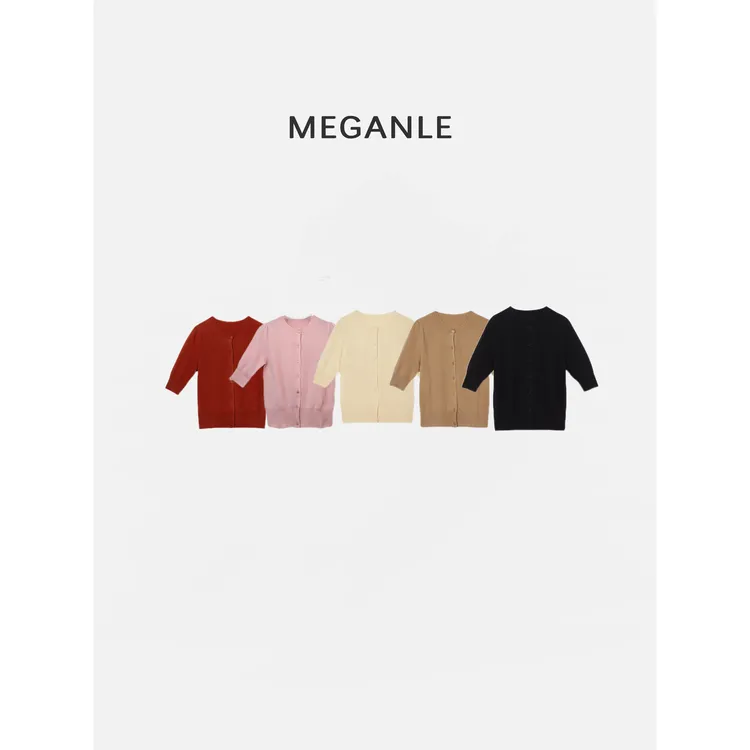 【云朵】MEGANLE 亲肤舒适圆领五分袖羊毛针织上衣2024364