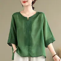 【清货+运费险】国风复古重工刺绣棉麻T恤女宽松显瘦衬衫上衣Y944