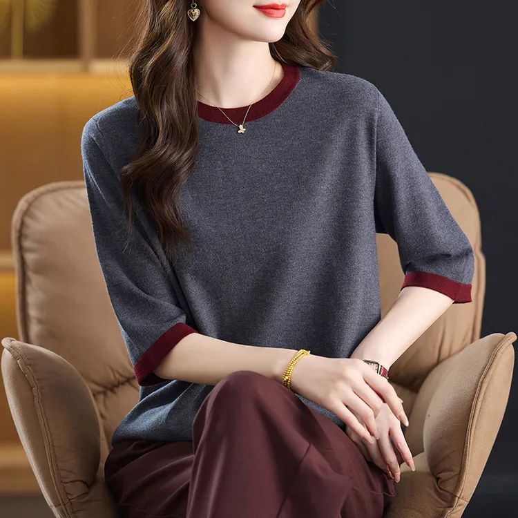 鄂尔多斯市产羊毛低圆领七分袖针织打底衫女春秋中袖高端妈妈上衣