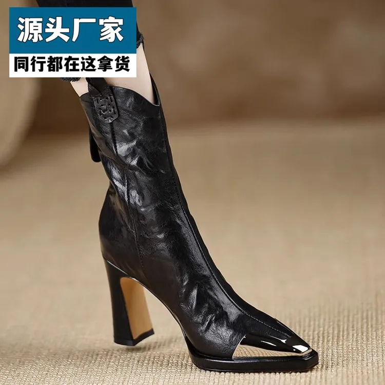 梵乐芬9.2cm小众尖头舒适短靴女2025秋冬新款高跟粗跟靴子金属头