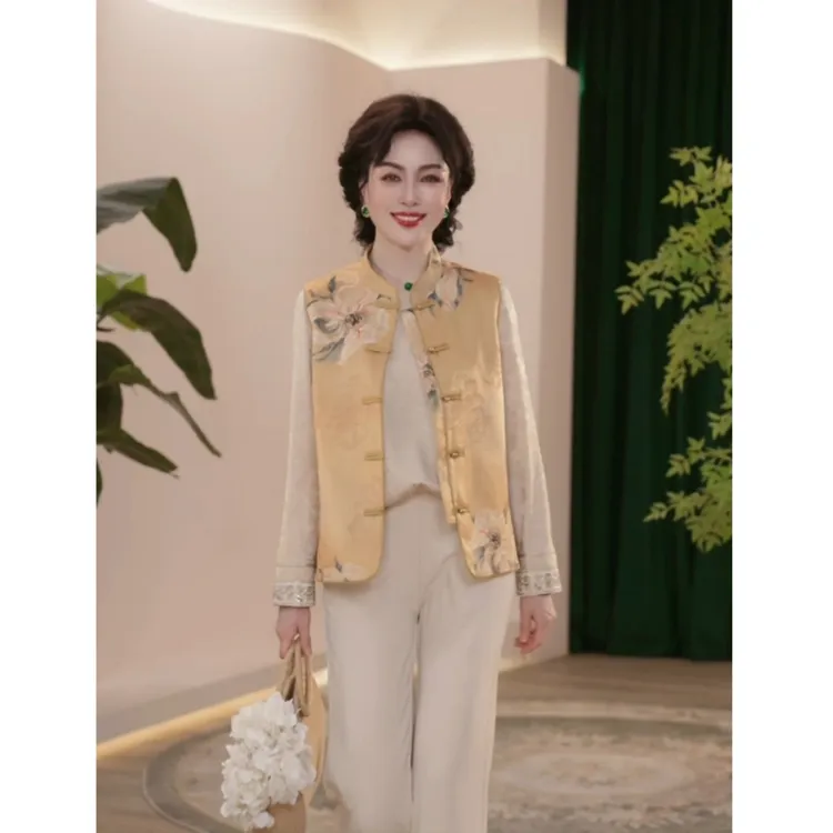 妈妈装春夏装薄款时尚复古国风缎面两件套中老年女装中年洋气套装