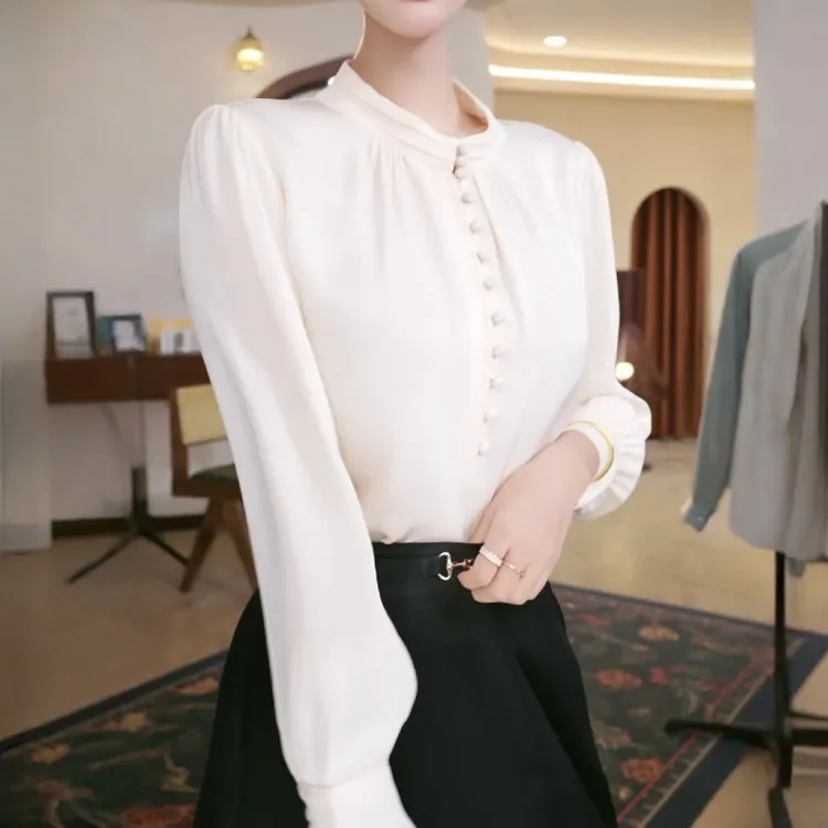 法式白色衬衫女长袖2025新款抗皱立领时尚洋气百搭上衣灯笼袖衬衣