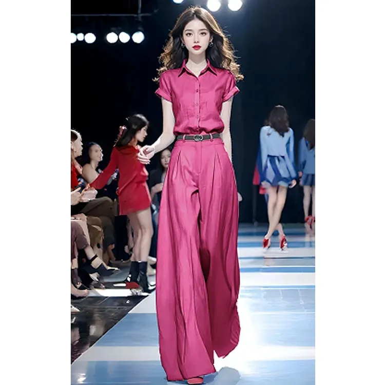 2025夏季新款轻奢风洋气薄款短袖衬衫百搭休闲阔腿裤小众两件套女