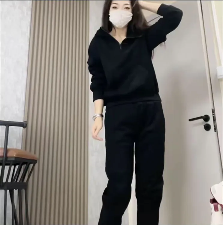 秋冬新款休闲运动套装加厚加绒女新款纯色连帽卫衣束口卫裤两件套