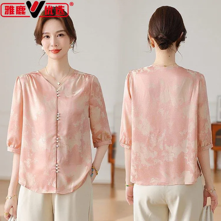 雅鹿优选超好看独特漂亮上衣中老年女装妈妈夏装短袖2025新款优雅