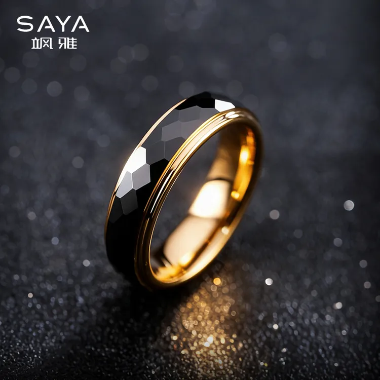 飒雅 钨金戒指 男士黑金撞色锤纹对戒时尚个性欧美简约男戒J192
