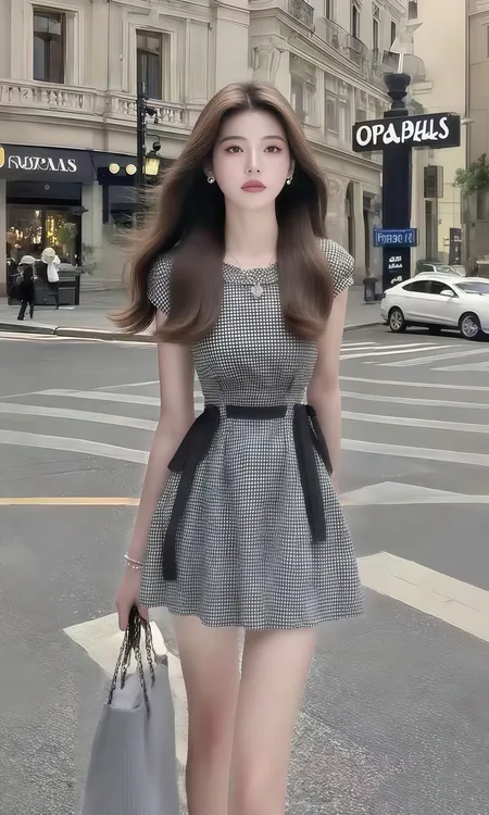 2025夏季新款灰色格子圆领收腰短袖连衣裙女小众时尚气质显瘦女装