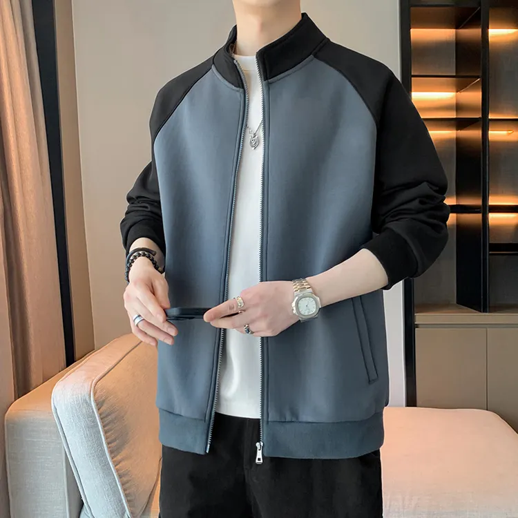 AJ秋冬拼色保暖立领男士春秋纯色卫衣拉链秋冬男士加厚卫衣开衫
