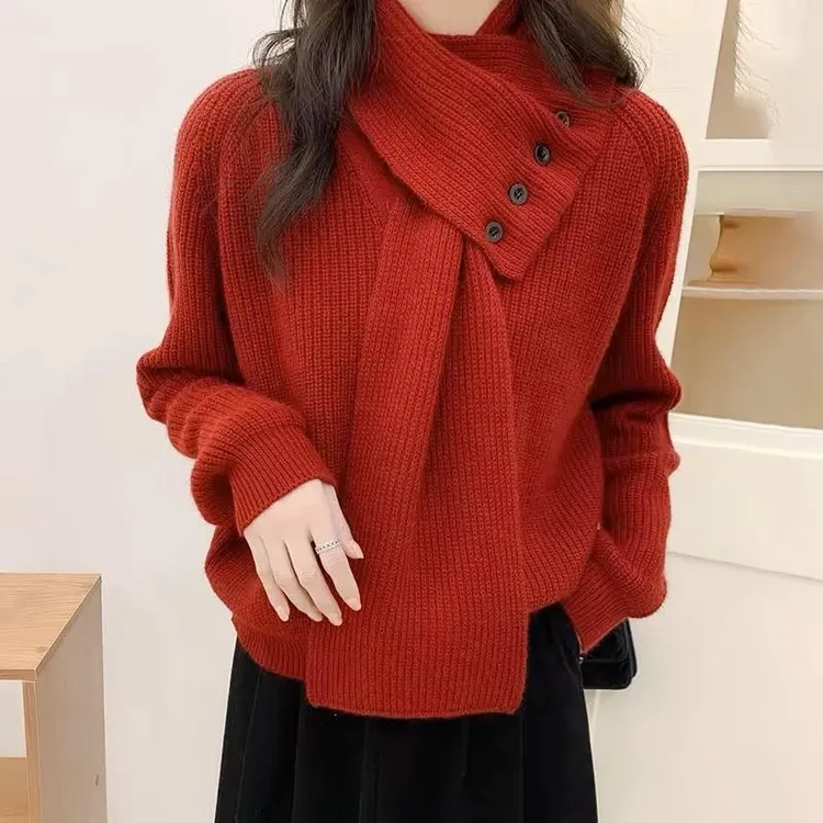 设计感百搭配围巾套头毛衣2025新款温柔风加厚显瘦减龄针织上衣女
