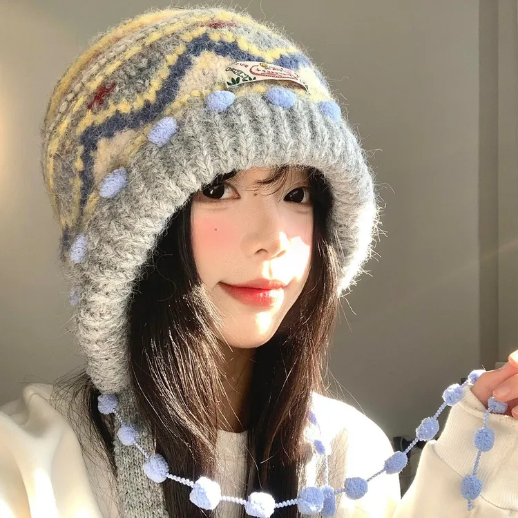 费尔岛复古针织巴拉克拉法帽女秋冬显脸小包头帽加厚保暖护耳帽子