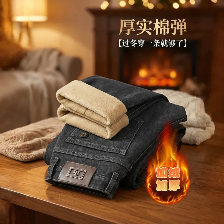 冬季新款加绒男士牛仔裤2026厚款直筒高弹百搭宽松大码中年休闲裤