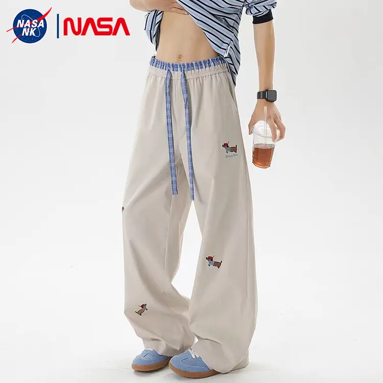NASA联名腊肠狗刺绣裤子男女潮流百搭格子拼接运动休闲弯刀冰丝裤