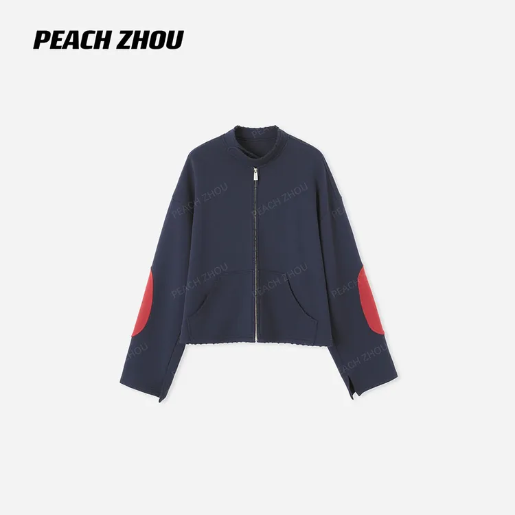 『PEACHZHOU』磨破撞色补丁哈林顿立领毛圈外套休闲短款拉链卫衣女