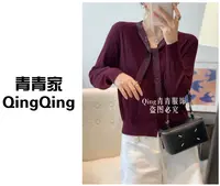 青青家 秋季新款高级洋气拼接飘丝带时尚百搭针织衫-66502