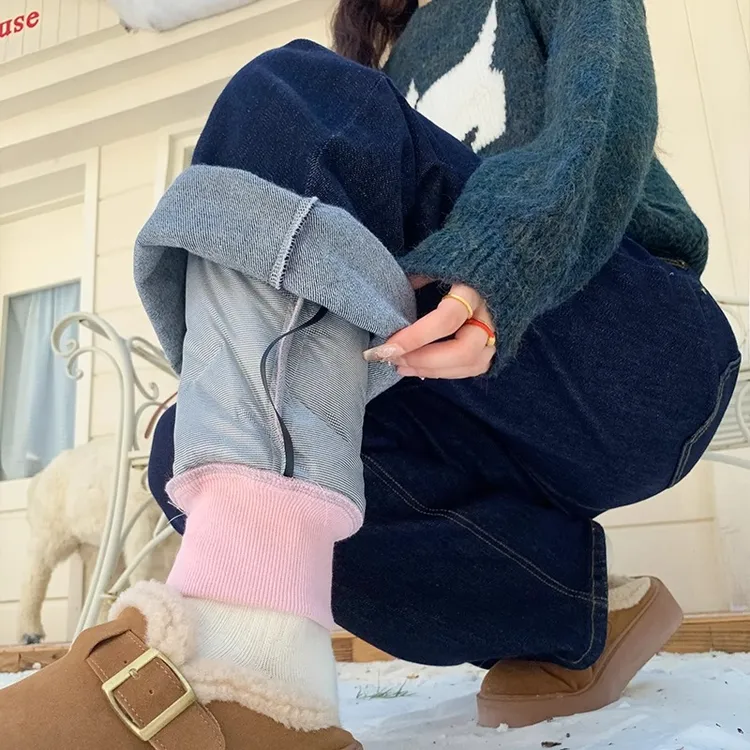 直筒牛仔羽绒裤女外穿2025冬季新款高腰显瘦加厚防寒保暖阔腿棉裤