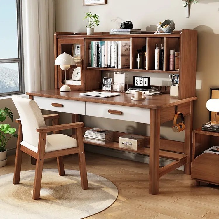 （现货速发）北欧实木书桌办公学习桌带书架一体桌家用时尚轻奢书桌