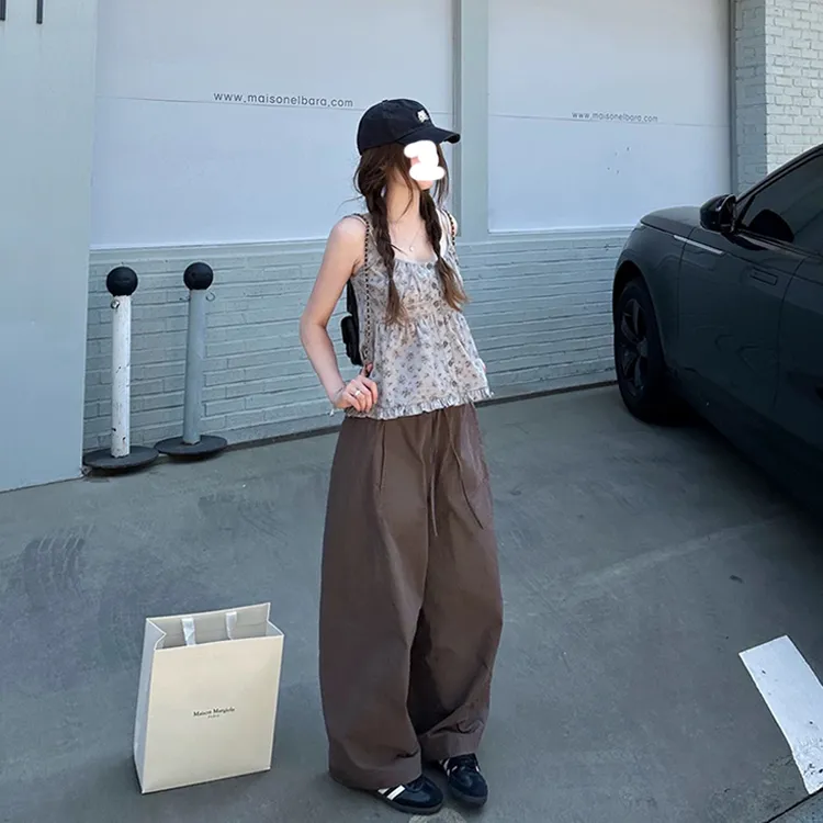 纯欲甜辣碎花吊带上衣+伞兵工装休闲裤 两件套套装