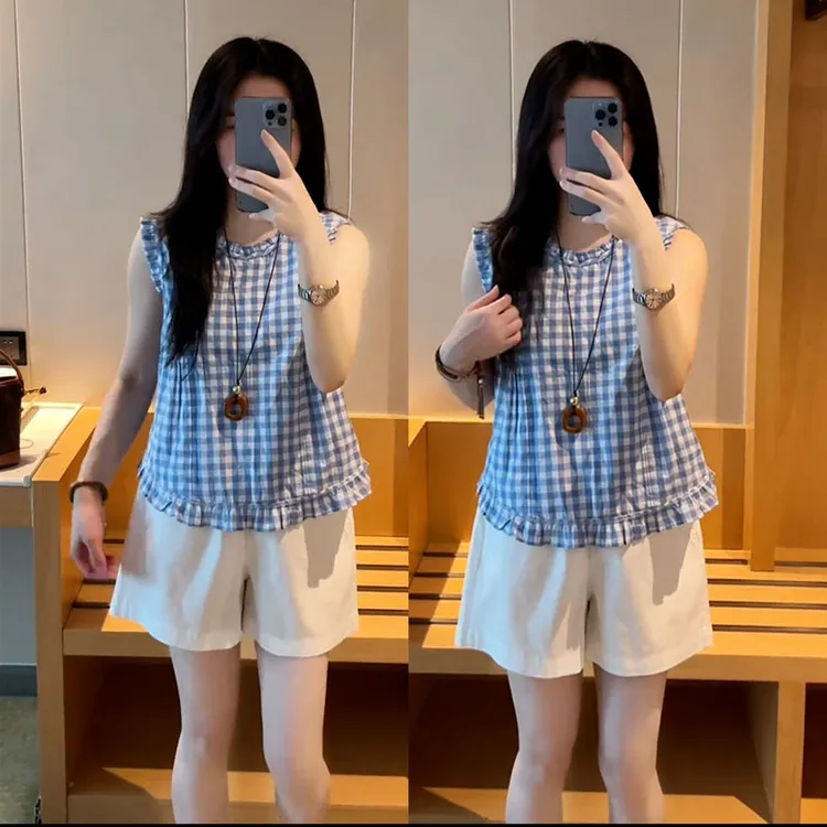 夏季爆款设计感时尚套装女格子飞袖小衫休闲白色短裤巨好看两件套