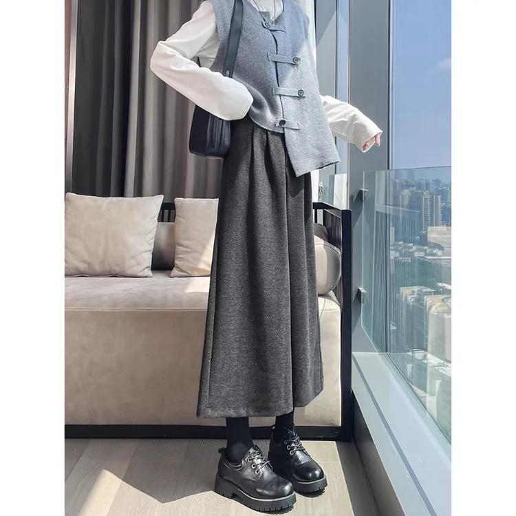 八分毛呢裙裤女秋冬新款高腰宽松小个子加厚九分灰色休闲阔腿靴裤