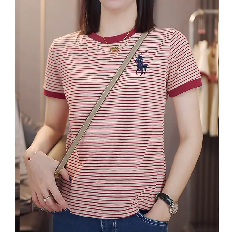 骑士小马2025春夏新款短袖T恤修身显瘦条纹休闲百搭时尚上衣女潮